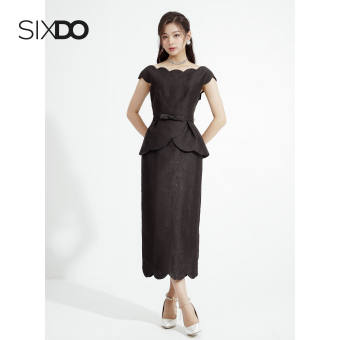 Đầm gấm cổ sò phối nơ eo thời trang SIXDO