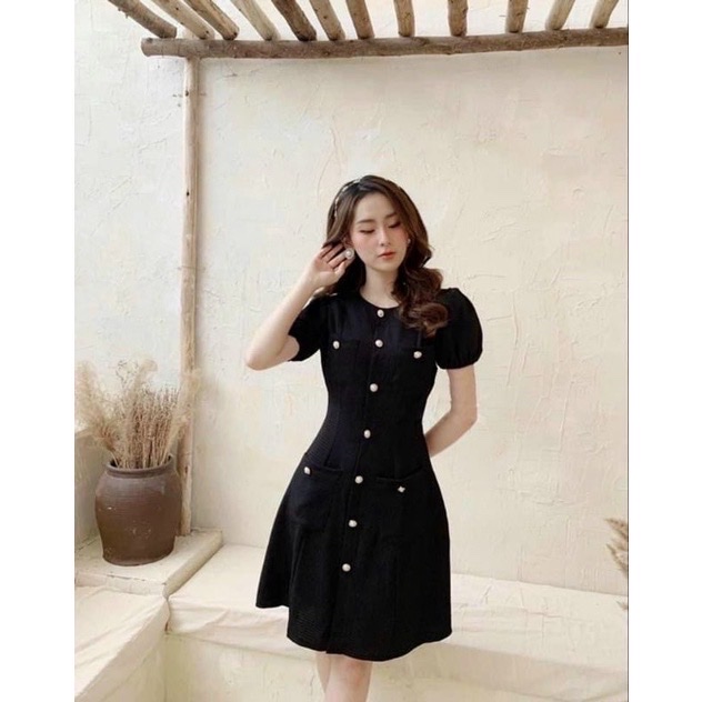 Đầm dự tiệc tay phồng đính nút thời trang nữ, có size to