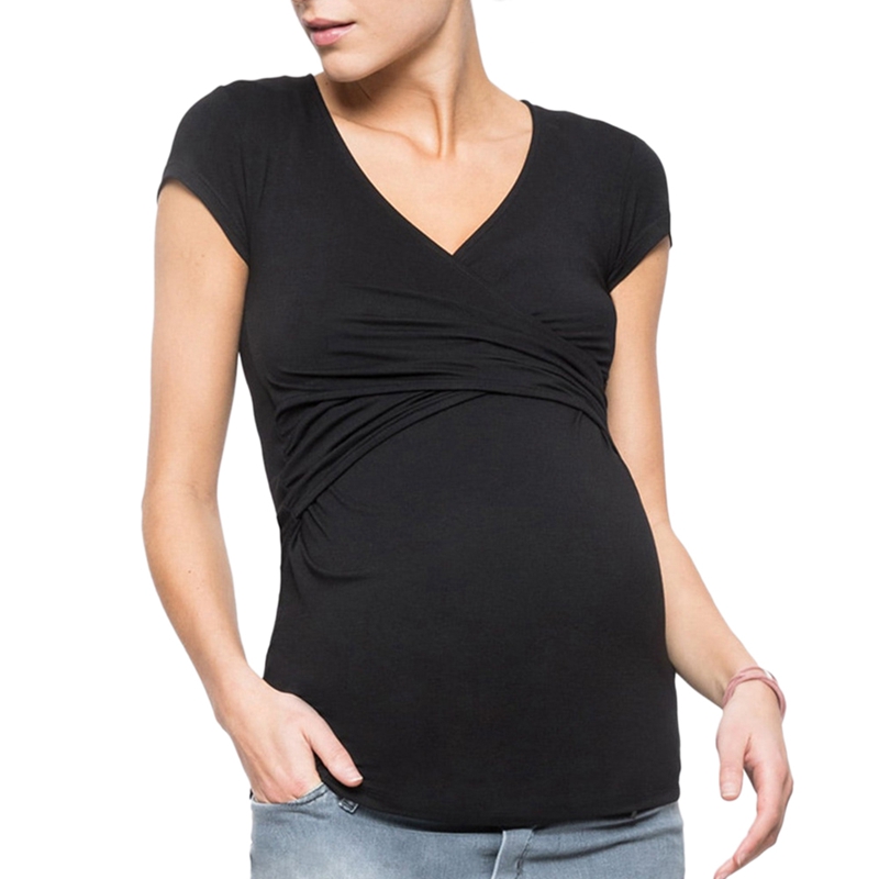 Women Maternity Pregnancy V Neck Solid Short Sleeve Tops Nusring Blouse T Shirt