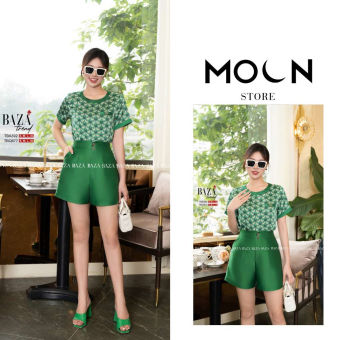 Set bộ quần áo ngắn tay nữ thiết kế áo lụa họa tiết TBA392 mix quần Tafta TBQ577 Moon
