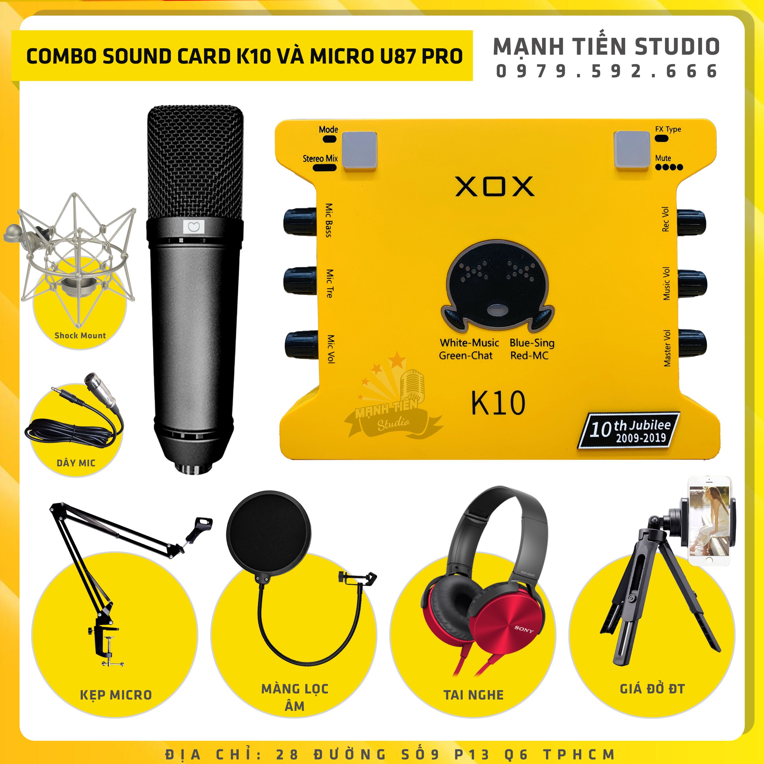 Combo thu âm, livestream Micro AQTA U87-Pro, Sound card XOX K10 Jubilee - Kèm full phụ kiện thu âm karaoke livestream tặng full phụ kiện kết nối cao cấp kẹp micro,màng lọc âm thanh, tai nghe chụp tai, giá đỡ điện thoại - Chính hãng
