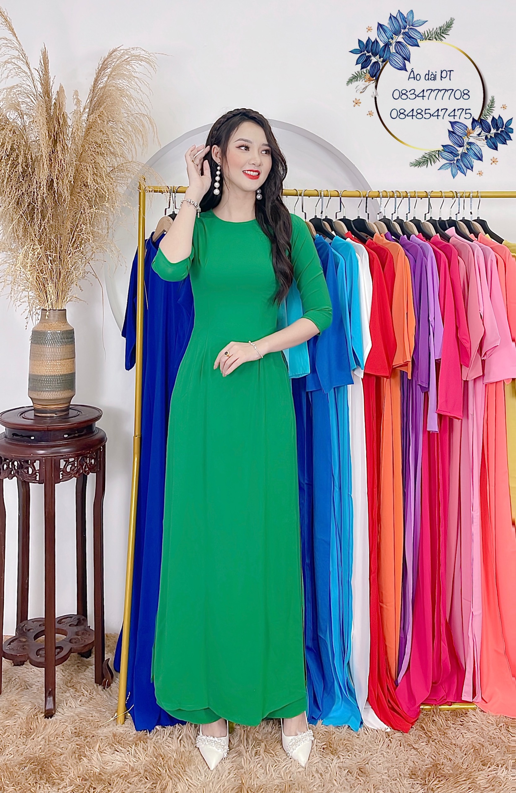 Áo dài truyền thống trơn nhiều mẫu đẹp-màu xanh lá