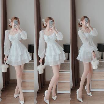 Váy đầm nữ thiên nga chất voan mềm 3 tầng tiểu thư trễ vai hở lưng bèo tầng dáng xòe khoét eo tiểu thư