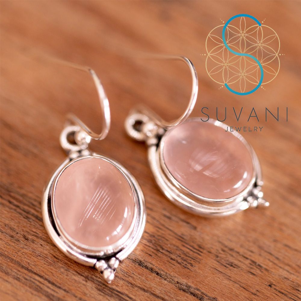 SUVANI Oxidized Sterling Silver Pink Stone Oval Vintage Dangle Hook Earrings 1.3" ราคา 650 บาท*ส่งฟรี