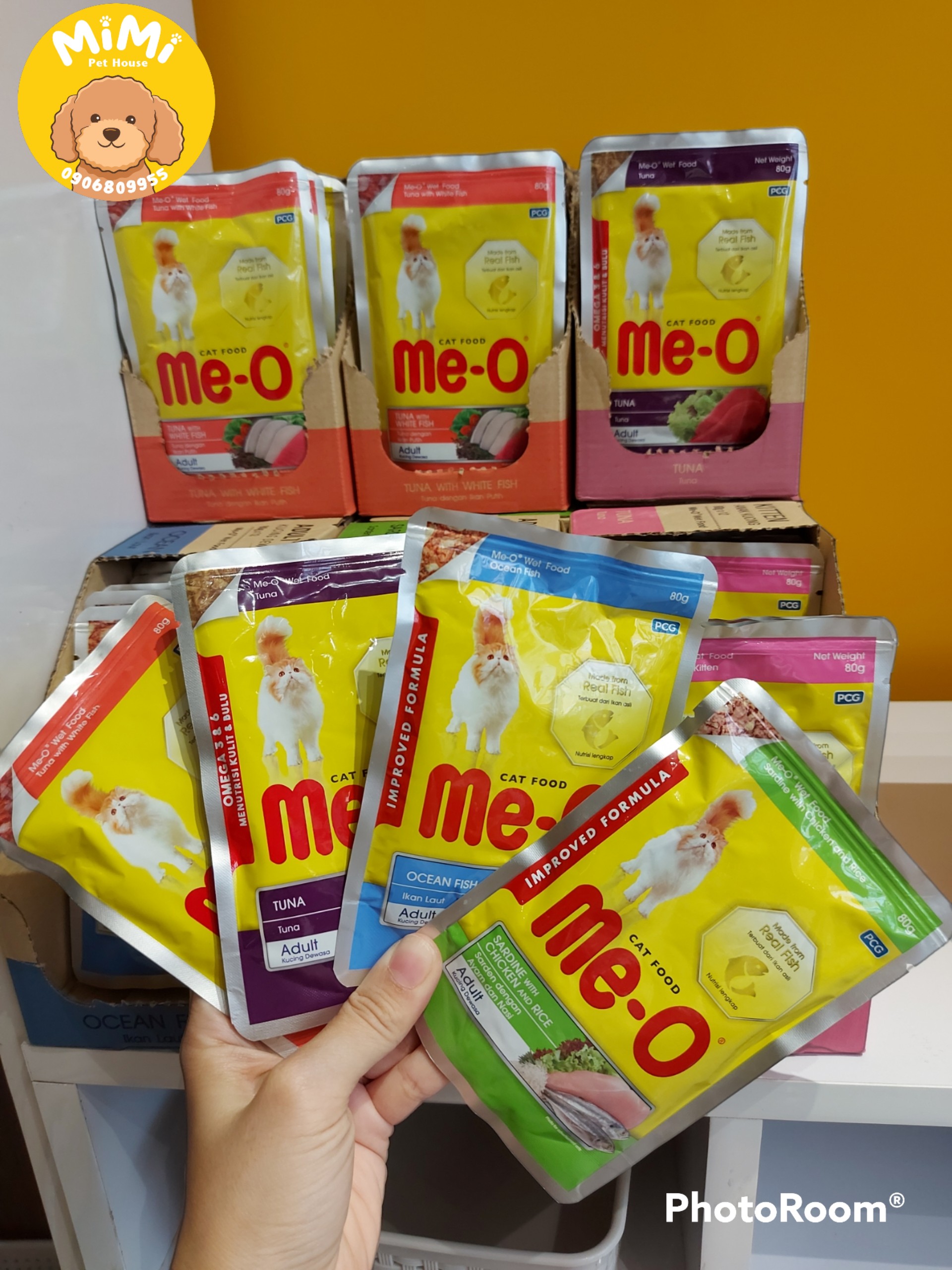 [Date xa] Combo 12 gói pate Me-O wet 80g cho mèo con và mèo lớn-cá ngừ,cá biển,cá trắng,gà (12x80g)