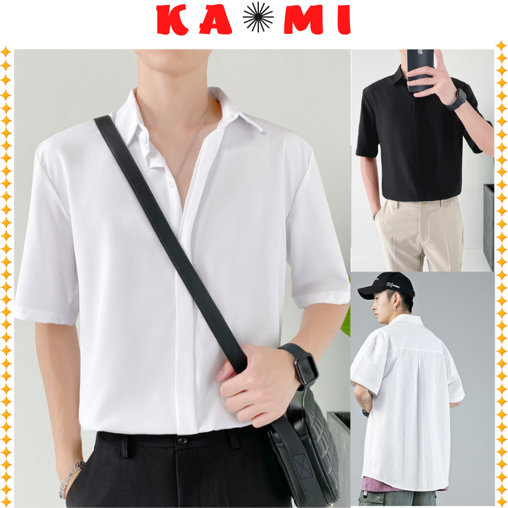 Áo sơ mi form rộng nam nữ tay ngắn GIẤU NÚT unisex form Hàn Quốc vải lụa mềm mịn không nhăn MRN02
