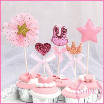 Topper que cắm thỏ tim sao hồng lấp lánh