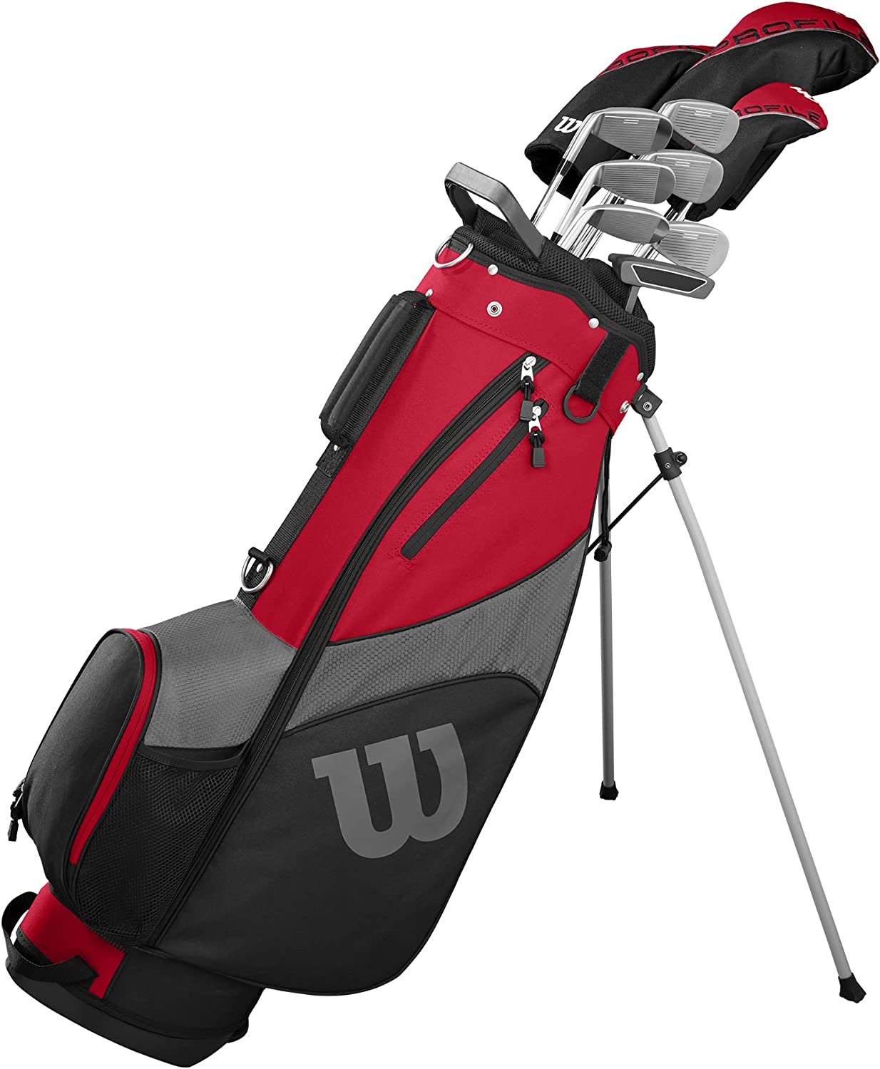 Wilson Golf Profile SGI Kompletny męski zestaw kijków golfowych. Sterownik z wałem grafitowym, drewno wodne z wałem grafitowym, hybrydowy ze stalowym wałem, żelazka ze stali nierdzewnej 6/7/8/9, klin skośny, klin piaskowy Easy Launch ze stalowymi wałami, putter. PRAWORĘCZNY