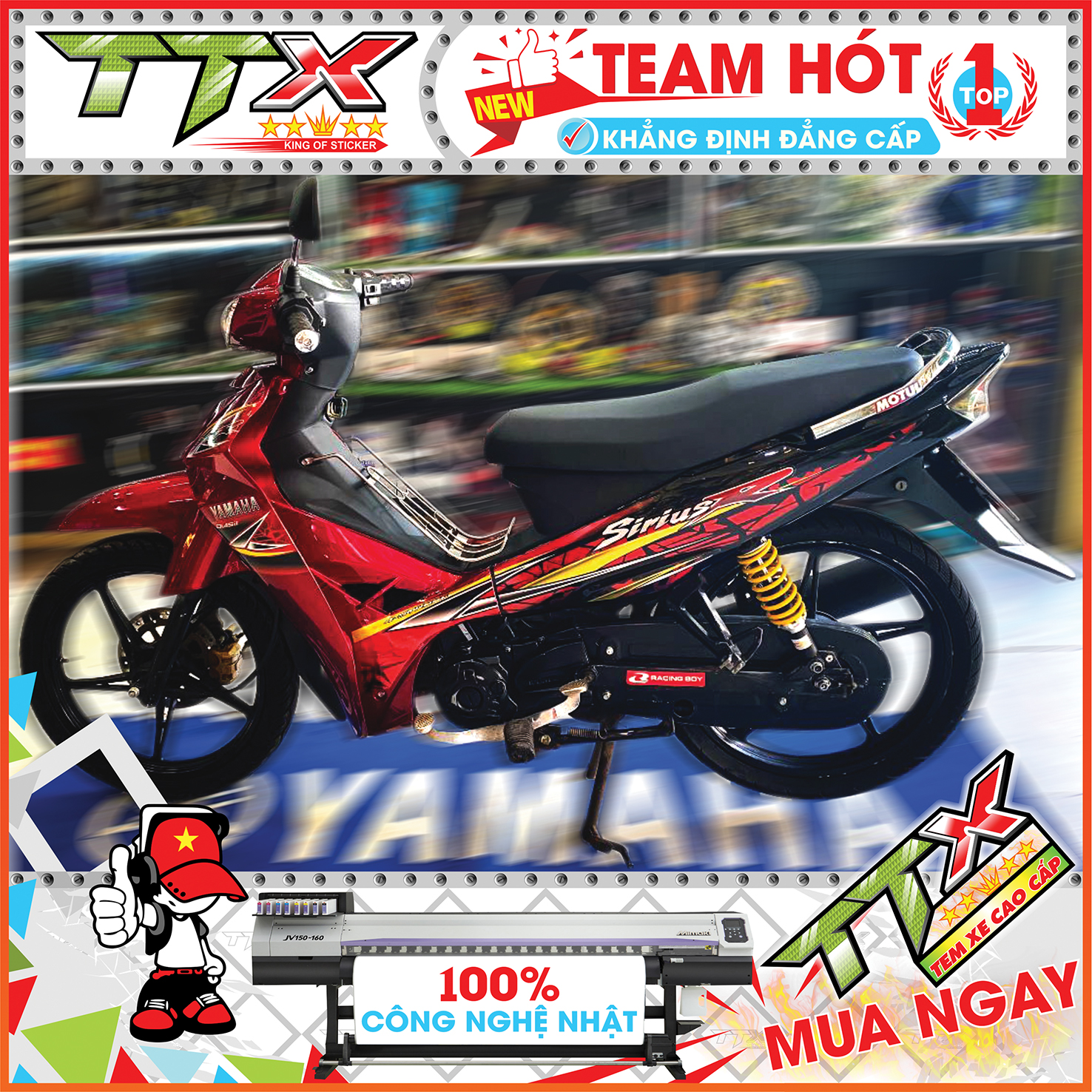 Tem chế sirius 110 chữ r màu đỏ đen , Team rời sirius dán xe màu đen đỏ siêu đẹp , Shop TTX Tem sirius