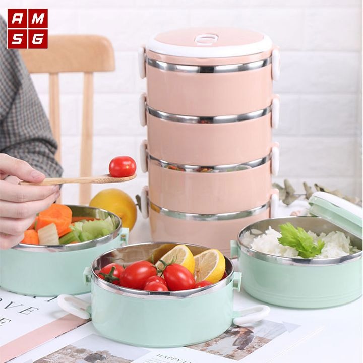 Hộp đựng cơm giữ nhiệt 3 ngăn inox 2 lớp dung tích 1200ml có nắp đậy kín và có quai xách tiện lợi - Camen chấm bi đựng cơm văn phòng cao cấp, cặp lồng giữ nhiệt 3 tầng