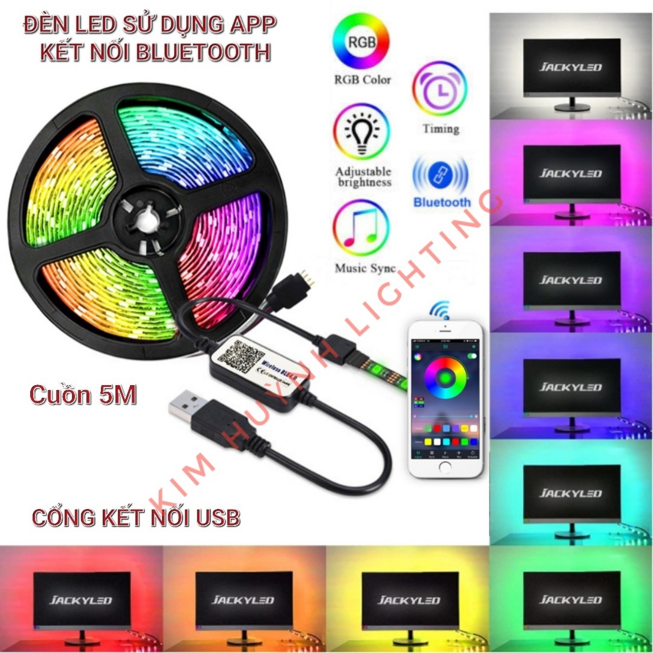 Đèn Led dán 5m RGB điều khiển bằng APP, kết nối Bluetooth nháy theo nhạc, 16 triệu màu nguồn USB 5V