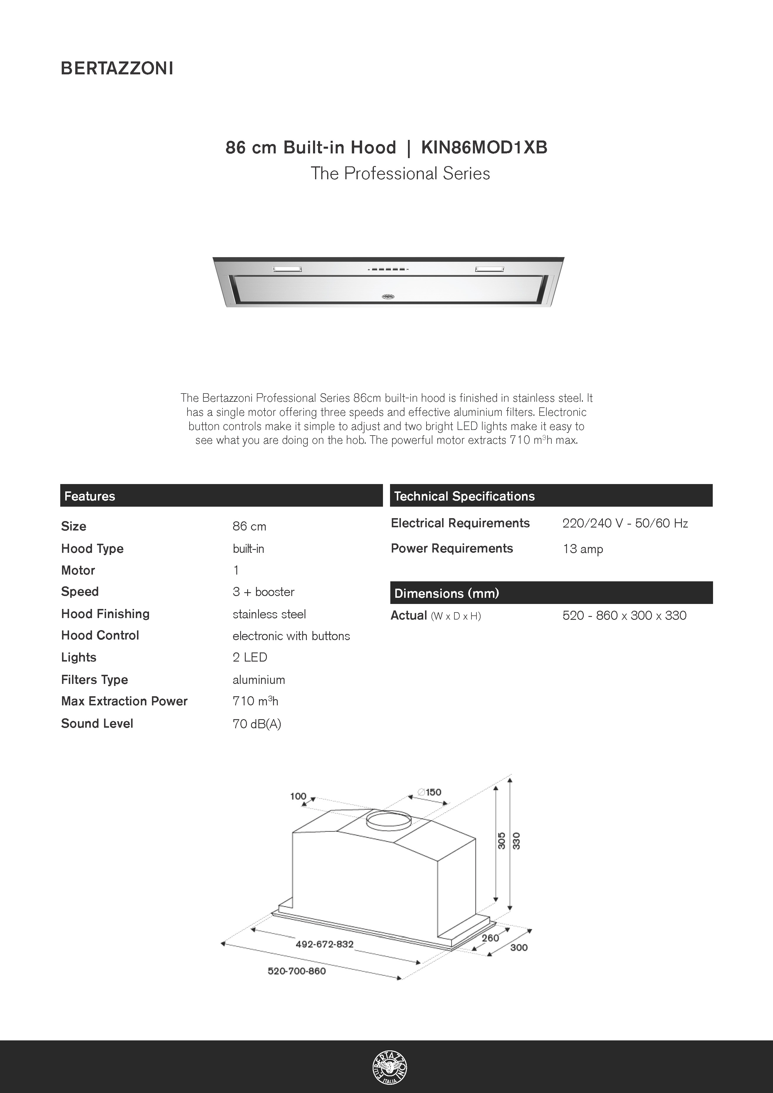 Bertazzoni Stainless Steel Built in Ventilation Hood KIN70MOD1XB / KIN86MOD1XB (Available in 70cm & 86cm) · v6
