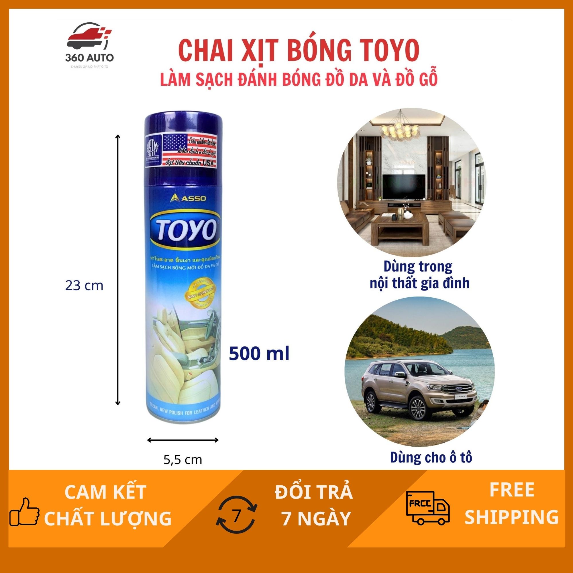 TOYO Xịt Bóng Da, Gỗ, Nhựa Đồ Nội Thất Ô Tô - 500ml - Hàng Việt Nam. Xịt Bóng ToYO Giúp Đồ Vật Luôn Bóng Đẹp Như Mới, Bảo Vệ Khỏi Bụi Bẩn Và Ánh Nắng Mặt Trời - 360 AUTO