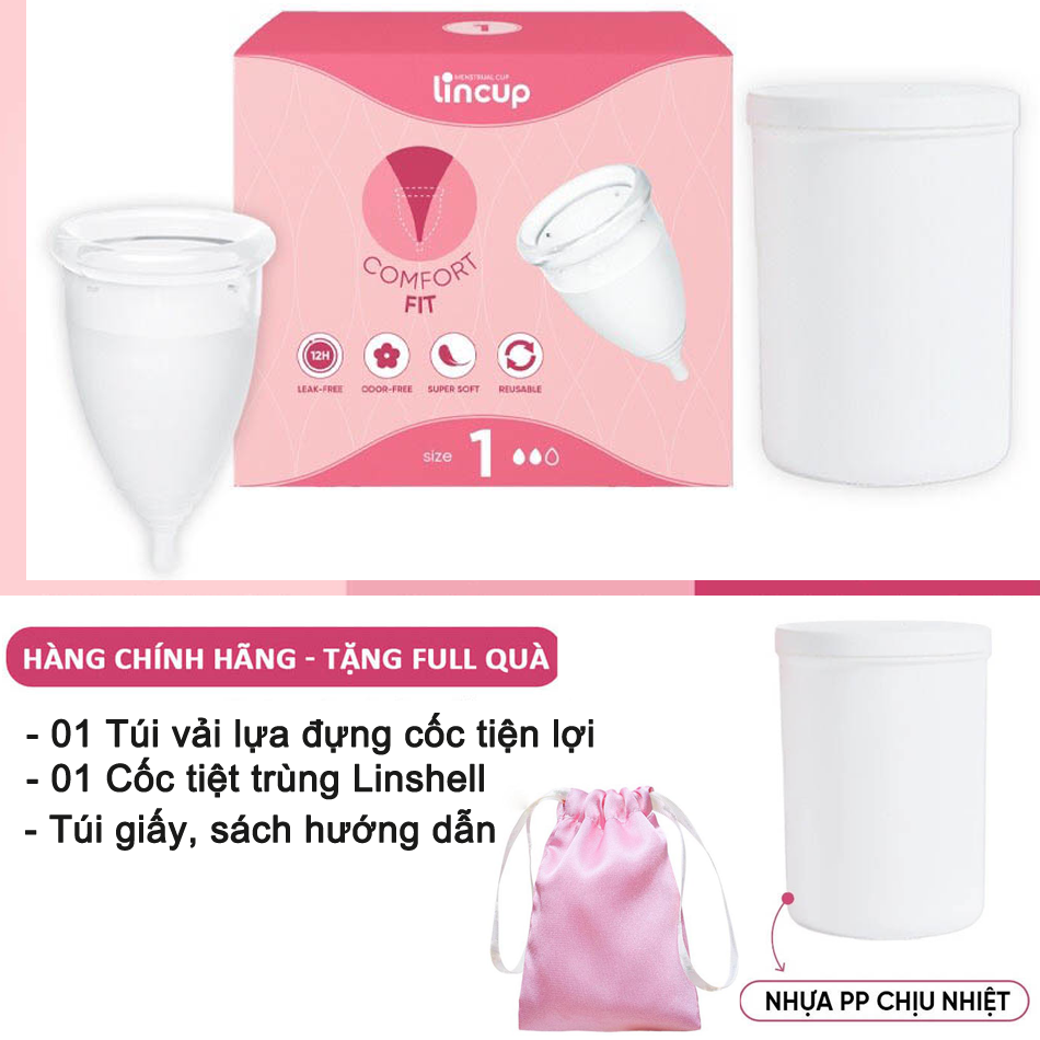 Cốc nguyệt san Lincup chính hãng từ Mỹ 100% silicone y tế Platinum LSR kháng khuẩn (Size Lincup 0, Lincup 1, Lincup 2) tặng Túi vải Lụa + Cốc tiệt trùng Linshell