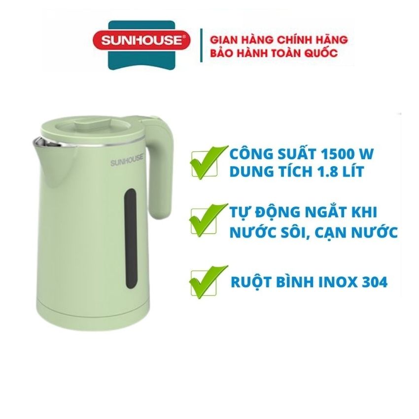 Ấm đun nước siêu tốc SUNHOUSE 1.8 Lít nhiều kiểu dáng bình đun nước siêu tốc Tự động tắt khi sôi hoặc trào nước trong lúc đun an toàn với sức khoẻ