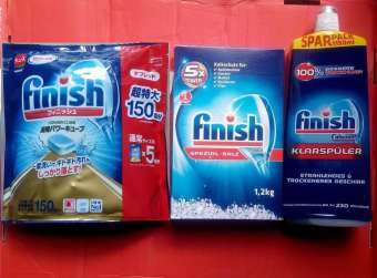 Combo viên rửa chén Finish 150 viên, muối rửa chén 1,2kg, nước làm bóng finish 750 ml