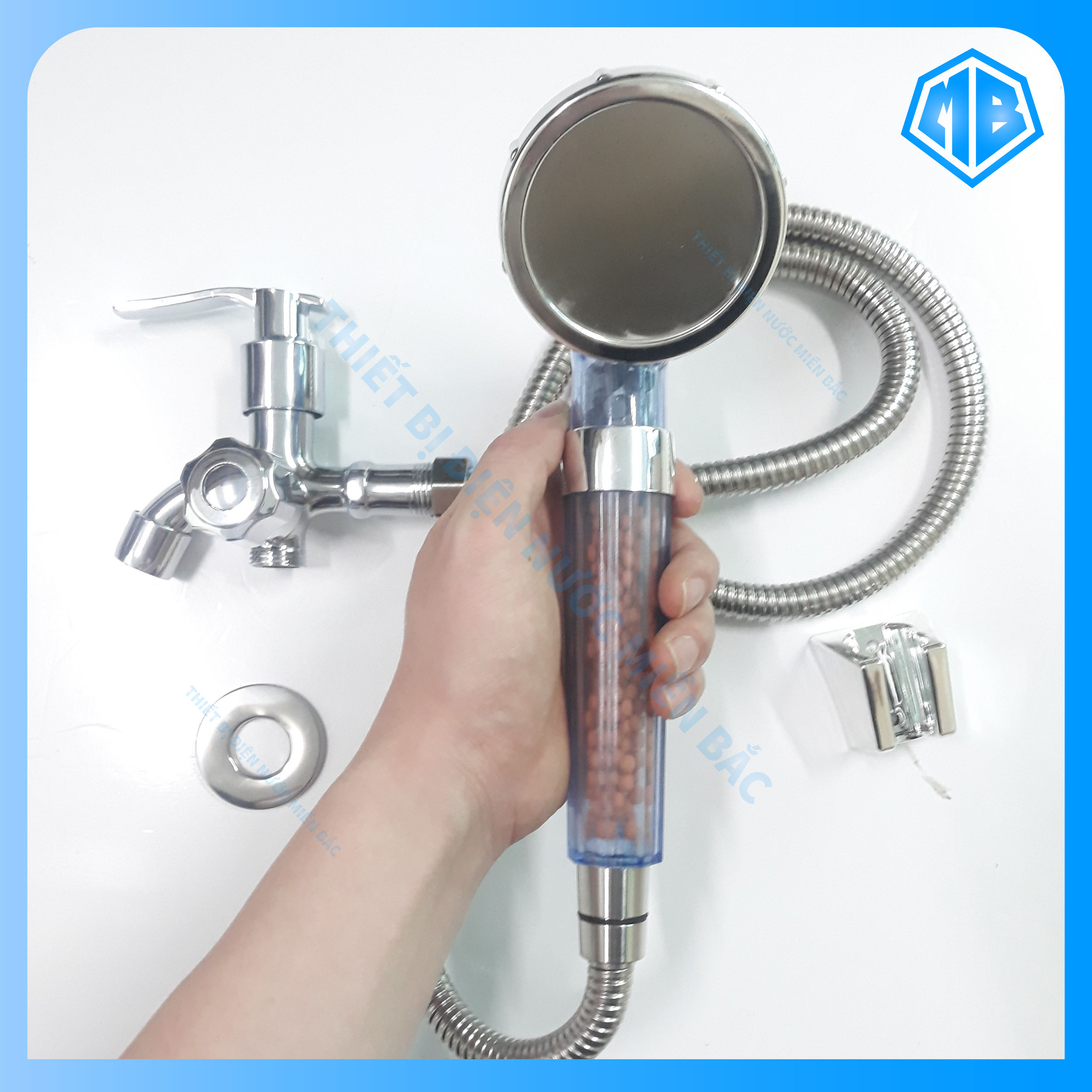 Bộ củ sen lạnh cùng tay sen tăng áp màu xanh dương size to giá tốt - bộ đầy đủ củ sen + tay sen + dây sen + gác cài