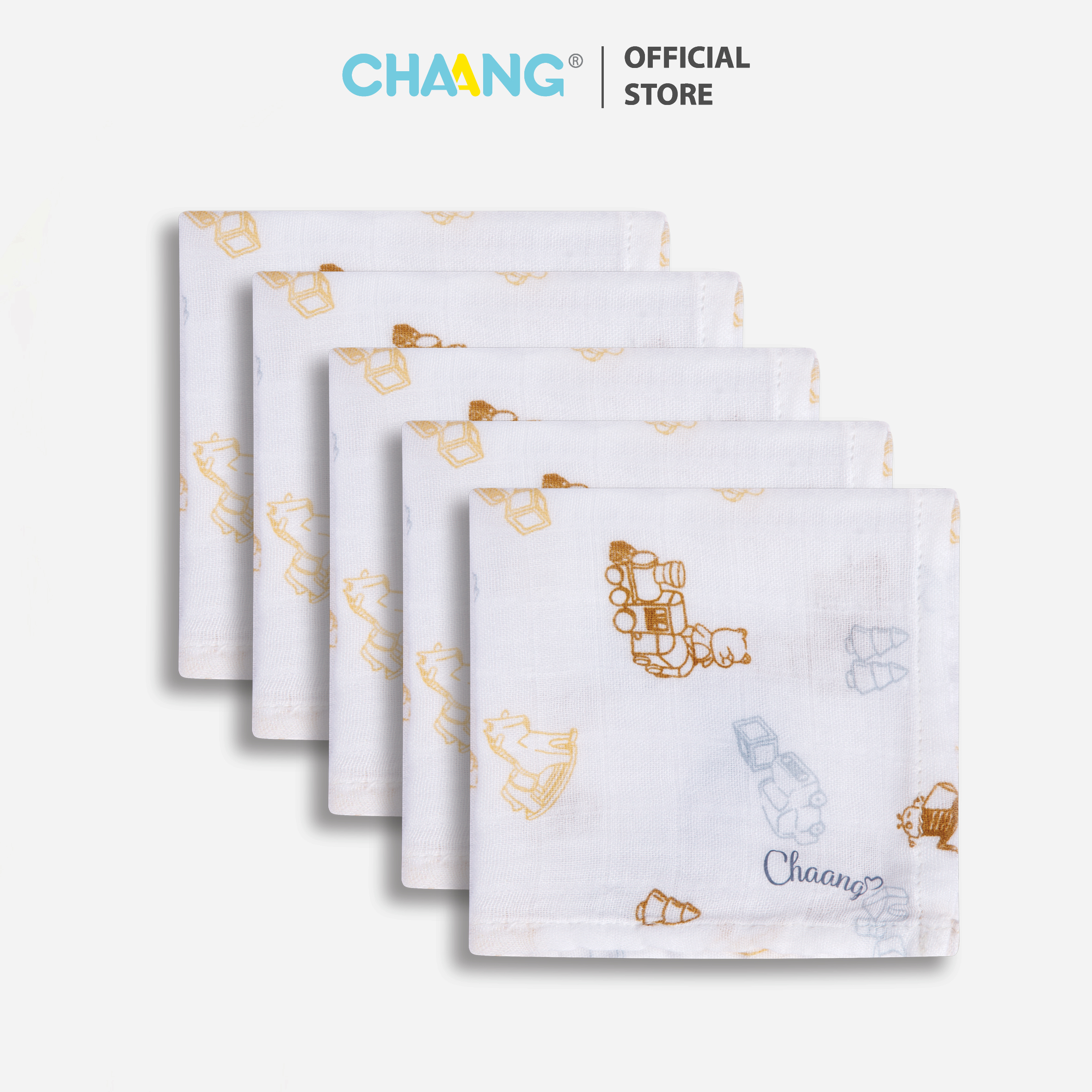 CHAANG SET 5 chiếc khăn sữa cho bé Chaang voi gỗ kích thước 25x25cm