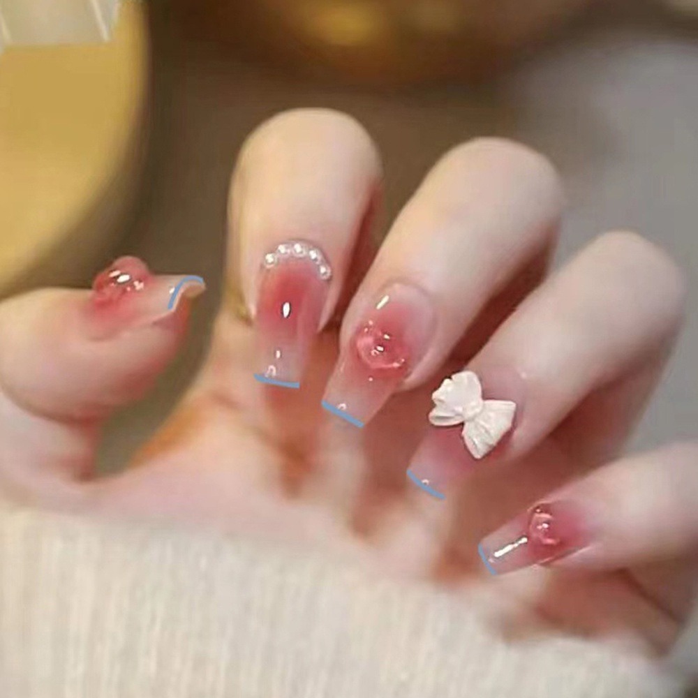 Bộ 24 móng tay giả nailbox hồng trong đính nơ đá  💖💖SẴN KEO DÁN 💖💖