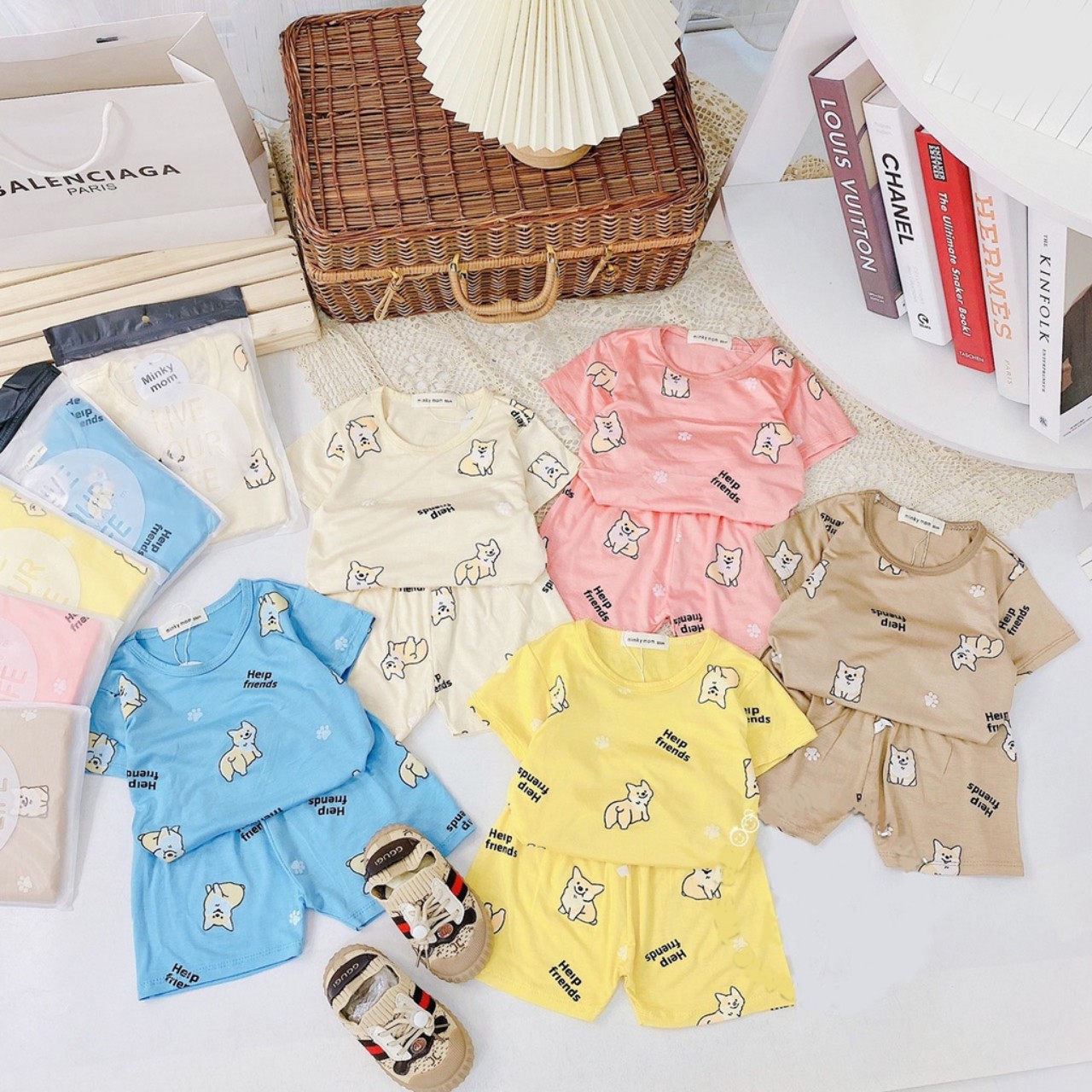 Bộ cộc tay thun lạnh Minky mom siêu mềm mịn thoáng mát hình cún cho bé