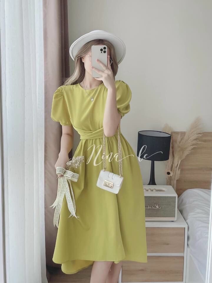 Đầm đi tiệc nữ, đầm công chúa nữ, đầm tiểu thư tay phồng, đầm dáng xòe nữ cột dây eo, đầm nữ cổ tròn sang chảnh