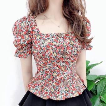 Áo kiểu nữ ngắn tay hoa nhí đính cúc xinh xắn