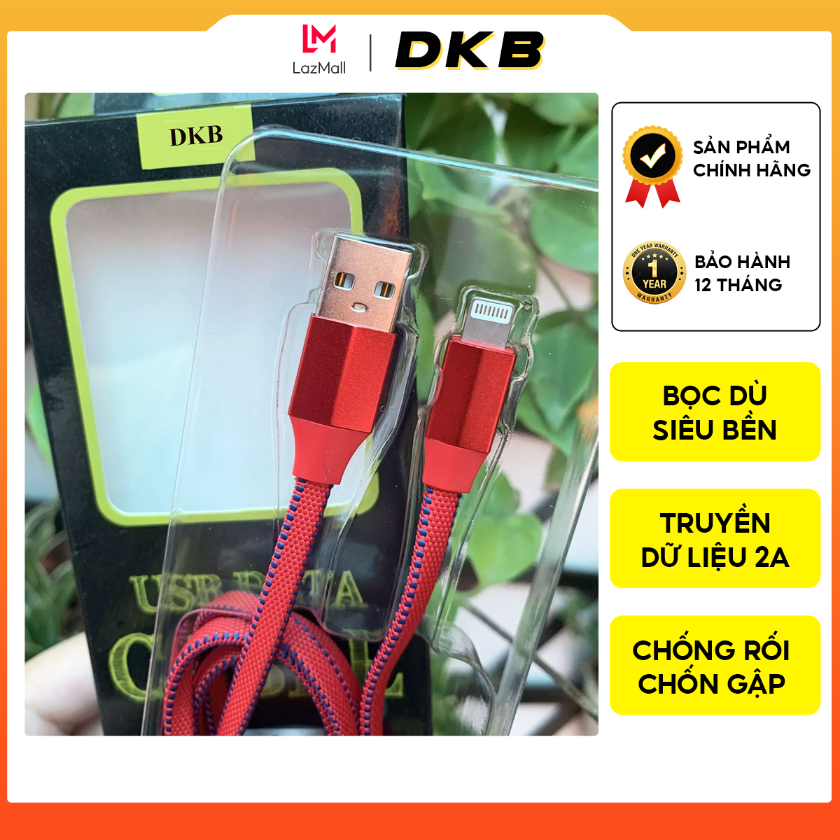 Cáp sạc nhanh Iphone chính hãng DKB dây dù siêu bền bảo hành 12 tháng