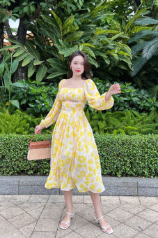 Đầm kiểu cutout MAYBI voan tay phồng