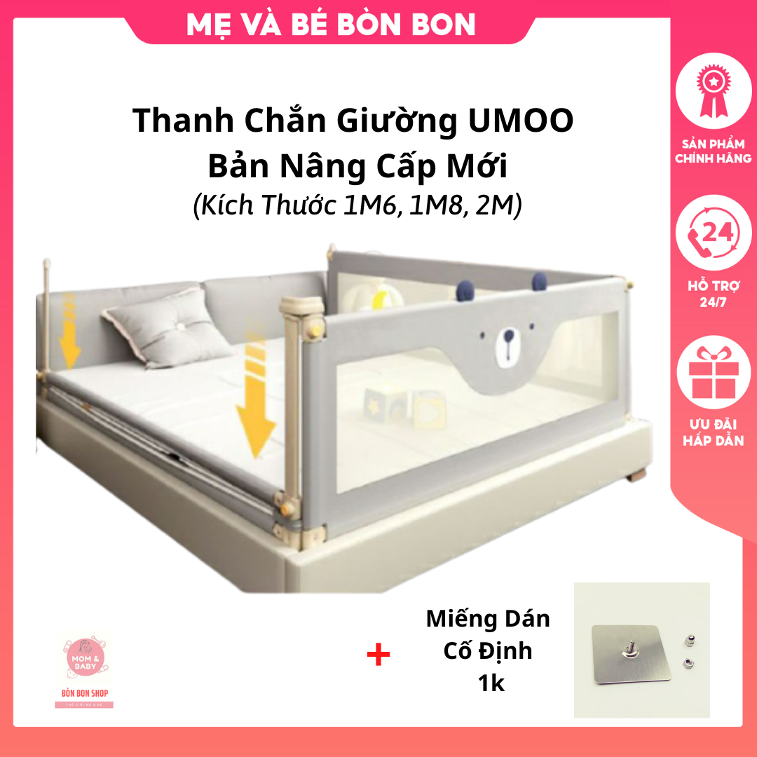 Thanh chắn giường cho bé UMOO bản nâng cấp nút vàng mới, có thể nâng hạ độ cao, khung kim loại chắc chắn phủ sơn tĩnh điện tùy chỉnh kích thước 1M6, 1M8, 2M phù hợp với mọi loại giường