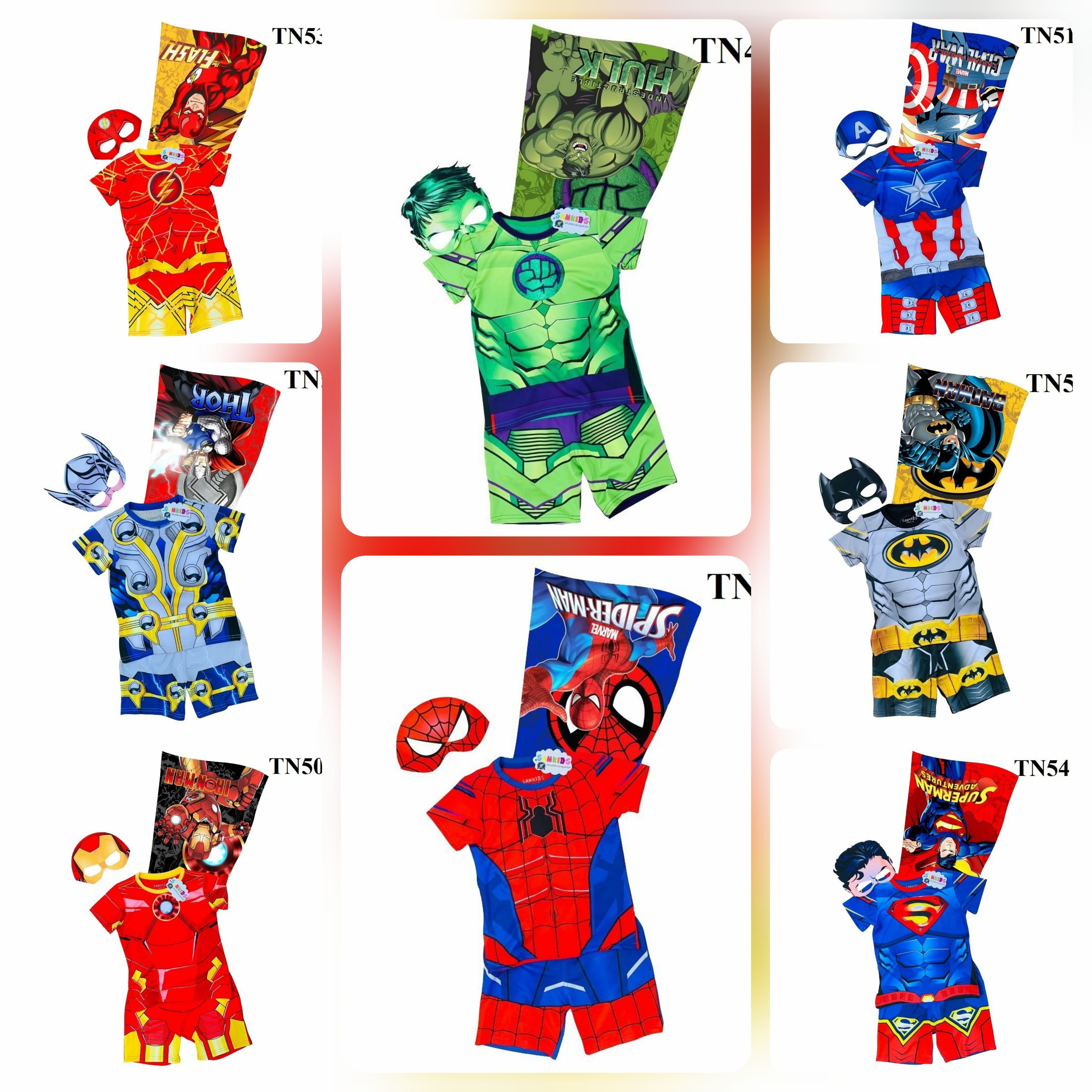 Bộ quần áo siêu nhân người nhện, khổng lồ xanh, người sắt, đội trưởng mỹ kèm áo choàng và mặt nạ cho bé trai TN49