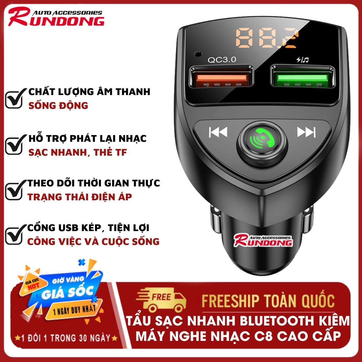 (HCM FREESHIP) Tẩu sạc ô tô Bluetooth C8 cao cấp | Máy nghe nhạc Mp3, cổng USB kép và khe cắm thẻ nhớ