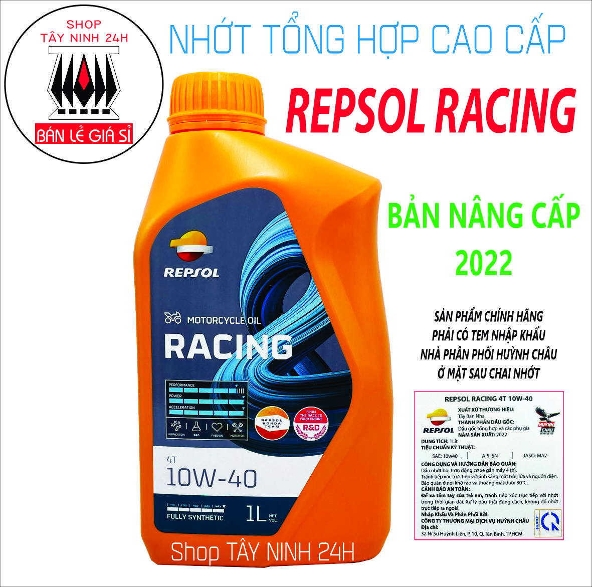 Nhớt REPSOL RACING 10W40 Tổng Hợp 1L nhập khẩu cho XE SỐ ( Mẫu mới 4/2022 - NPP HUỲNH CHÂU)