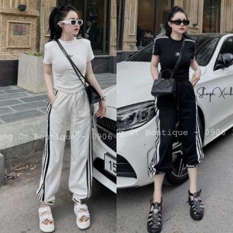 Set adidas nữ áo phông body đệm vai mix quần bom, Bộ adidas nữ áo phông quần bom chất cotton khô L1