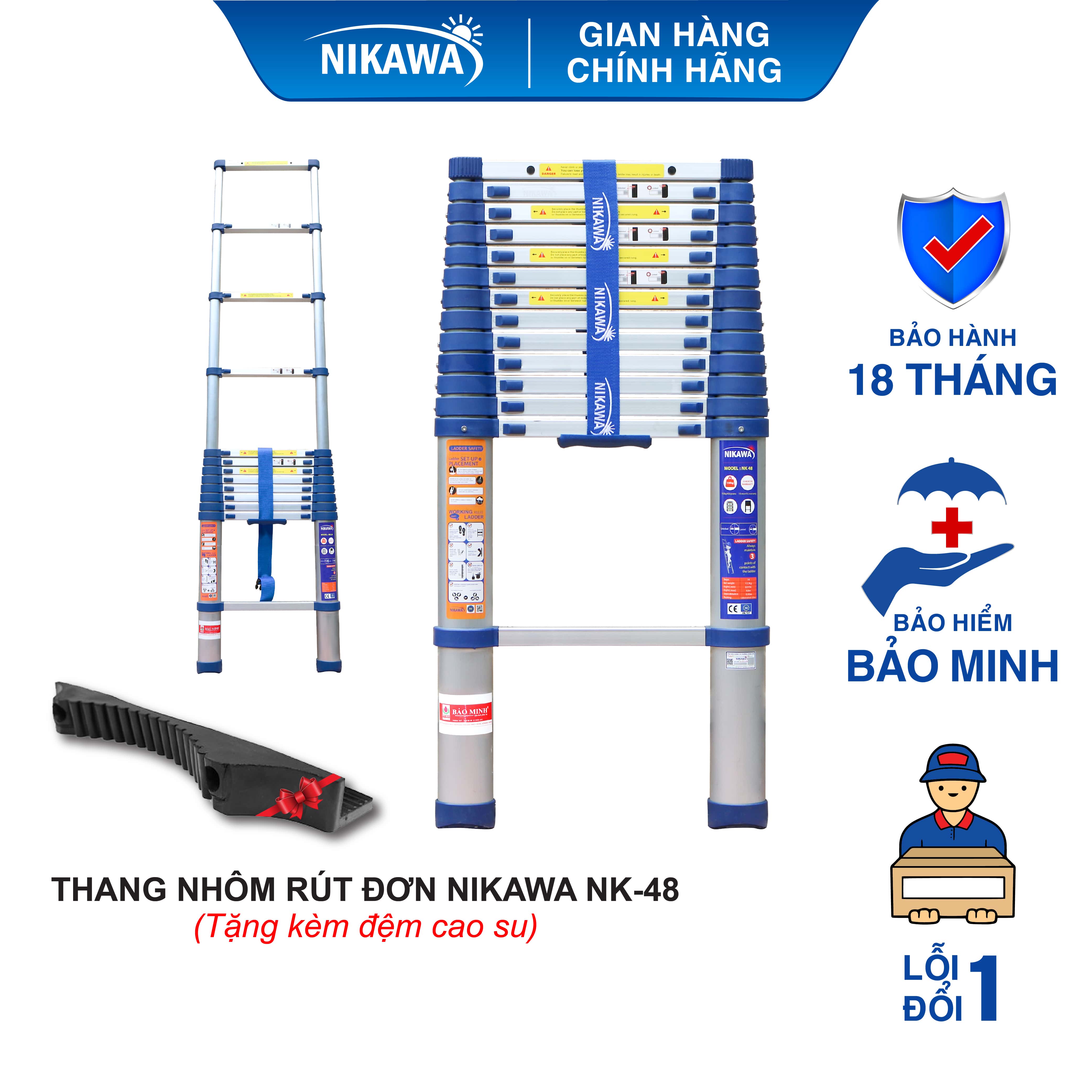 THANG NHÔM RÚT ĐƠN XẾP GỌN NIKAWA Chiều cao tối đa 3.8-4.8m Bảo hành 18 tháng Tặng kèm đệm cao su NK