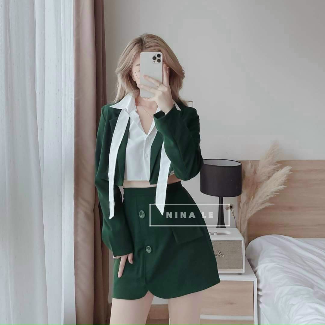 Sét đồ áo sơmi kate lụa + áo vét & chân váy cotton lạnh hottrend xinh xắn