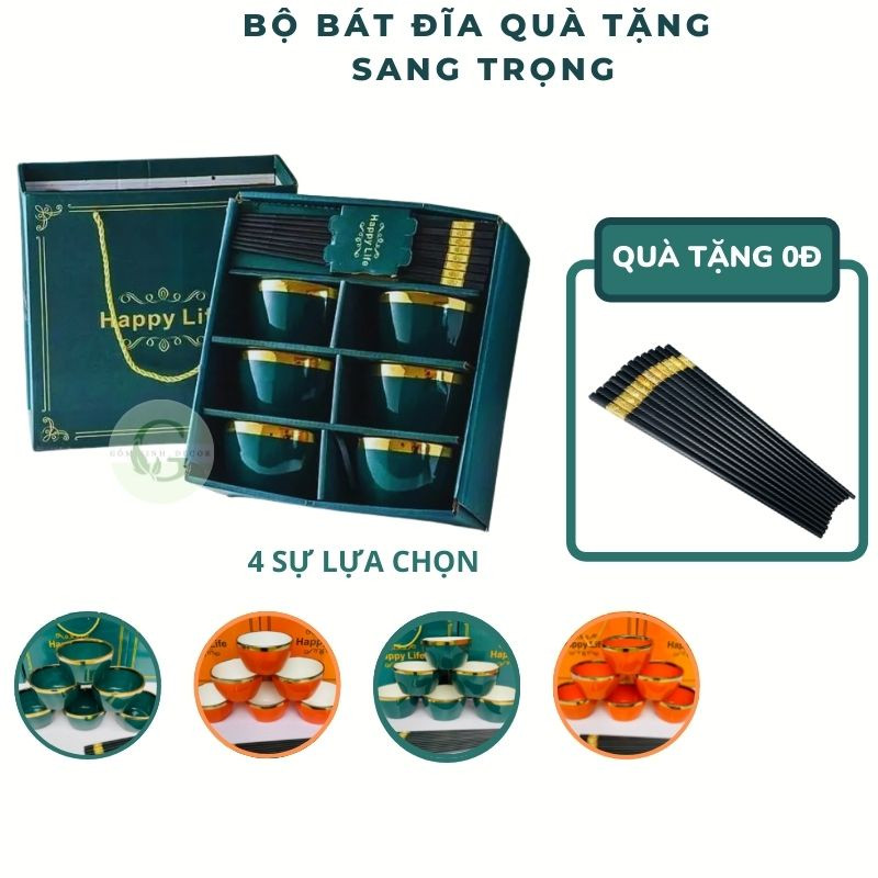 Bộ bát happy life chén ăn cơm sứ viền vàng cao cấp tặng kèm 6 đôi đũa