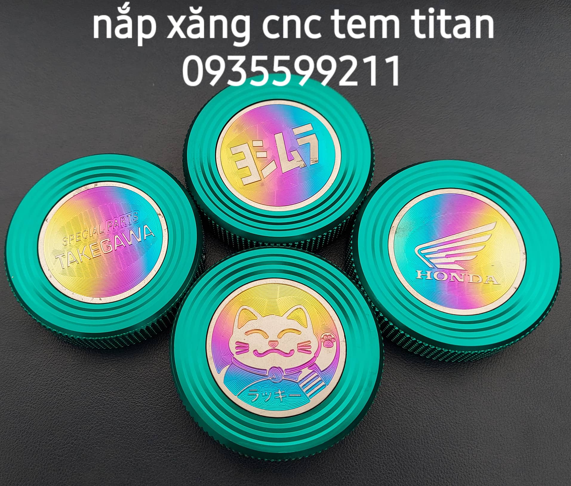 Nắp xăng nhôm cnc tem titan xanh lục bảo