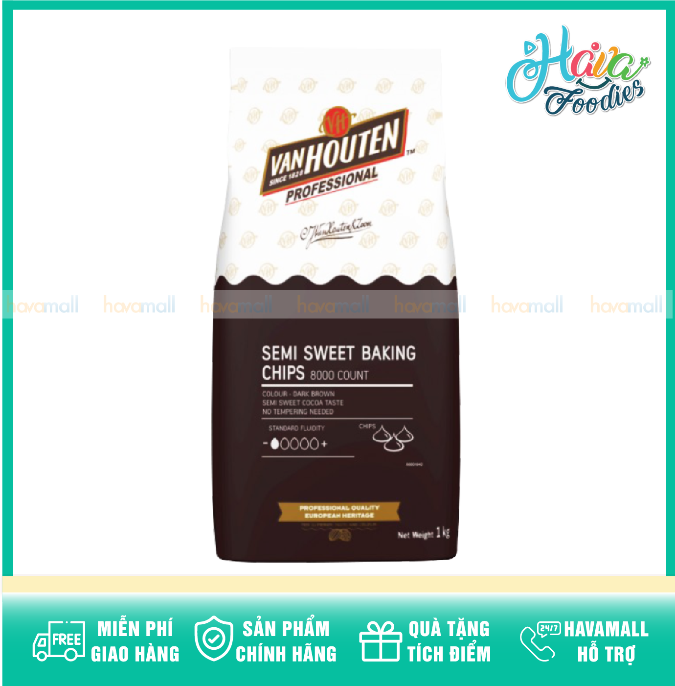 Socola Compound Đen Dạng Chip Túi 1kg – Van Houten Semi Sweet Baking Chips