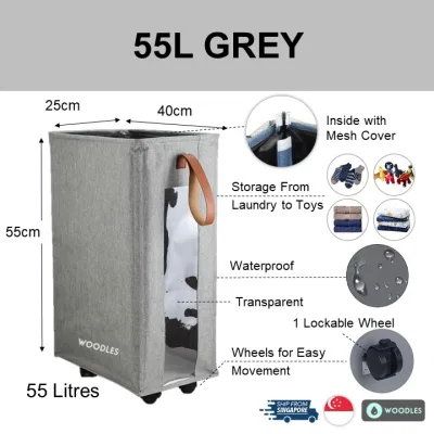 [SG Ready Stock] Woodles Laundry Basket Hamper★42L 55L 64L Capacity★4-Wheel Foldable Slim Durable Lockable Waterproof Oxford★All Purpose Storage Clothes Toys★Turquoise Beige Grey Blue Black Red★Local Shipping & Warranty (15)
