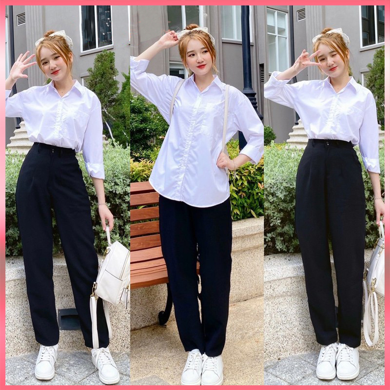 Quần tây baggy đi học nữ cạp có đai lưng cao màu đen dáng dài - Quần vải công sở Vitex dày dặn phối áo sơ mi đi học làm PL31