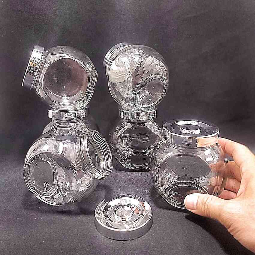 Hũ Đựng Gia Vị Đẹp 380ML (combo 6 cái) tròn dẹt kiểu nghiêng 2 đáy nắp nhựa bạc - Hũ Thủy Tinh Đựng Gia Vị - Lọ Thủy Tinh Đựng Bánh Kẹo