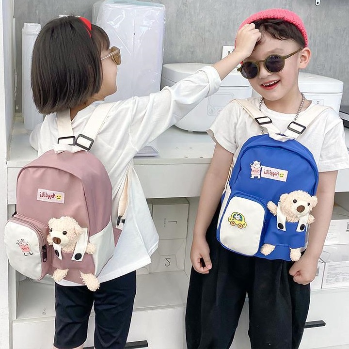 Balo vải dù mềm chống thấm nước kèm gấu chó bé đi học mẫu giáo