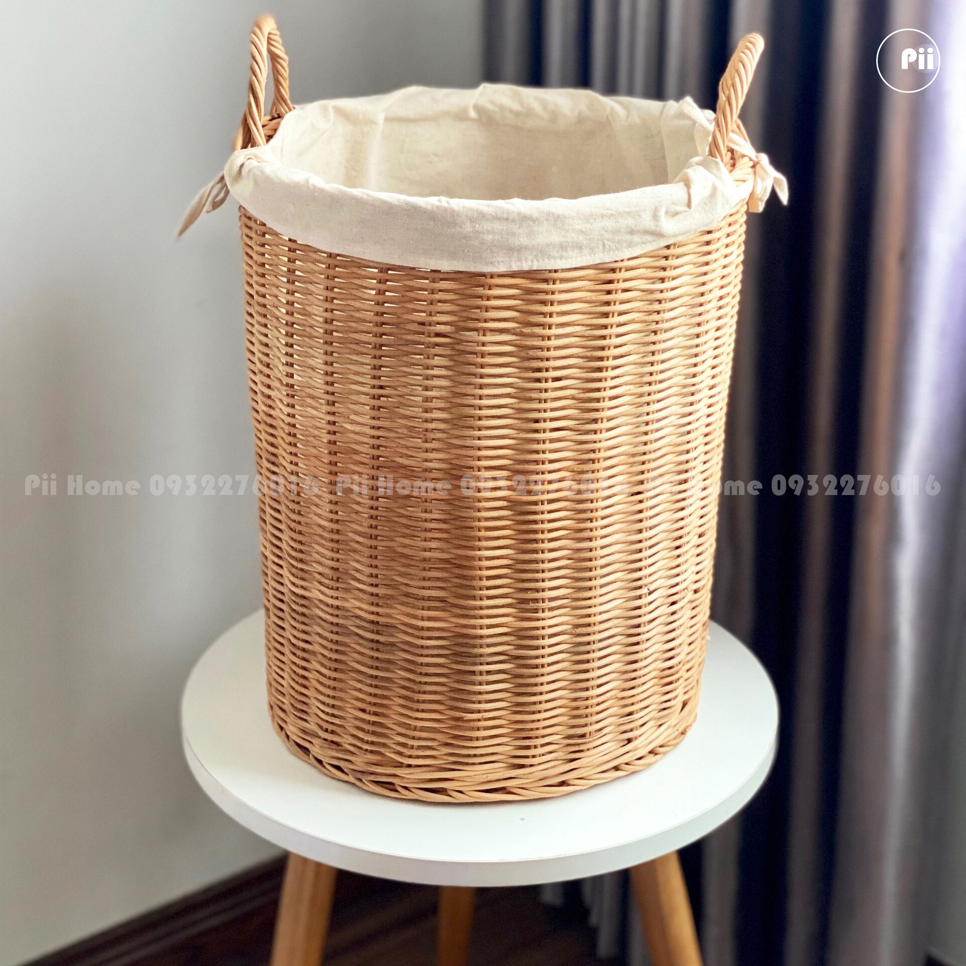 Sọt giỏ mây tròn đựng đồ pii home có tay cầm, kèm lót vải tiện dụng