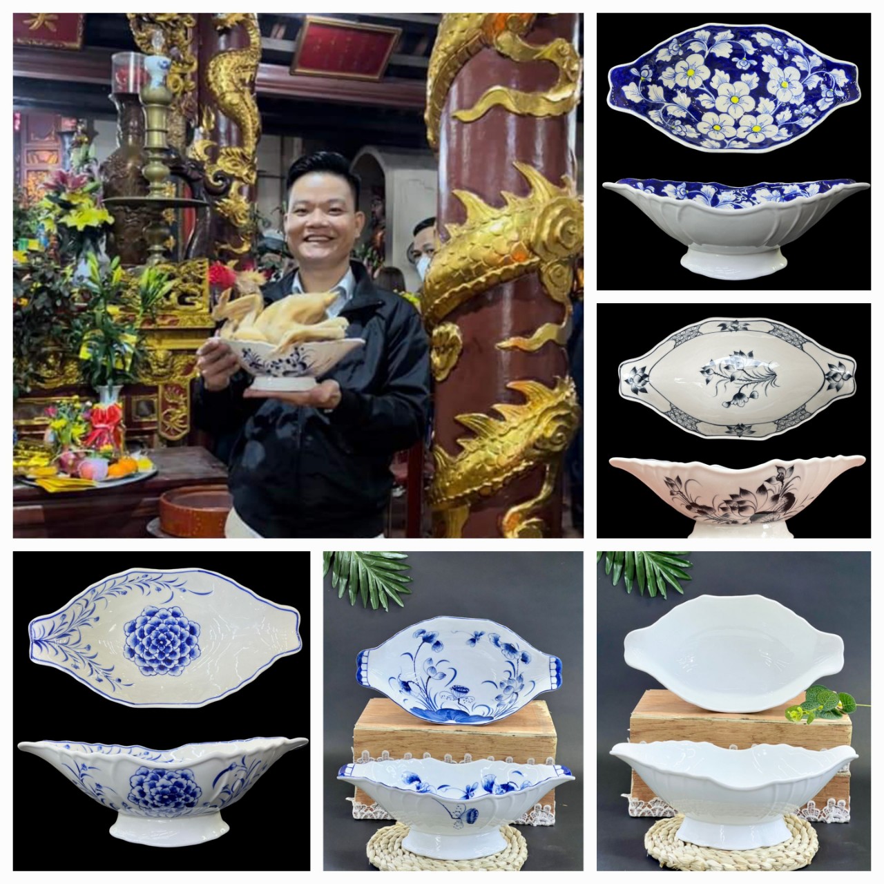 Bát thuyền đựng gà lễ, salat gốm sứ Bát Tràng