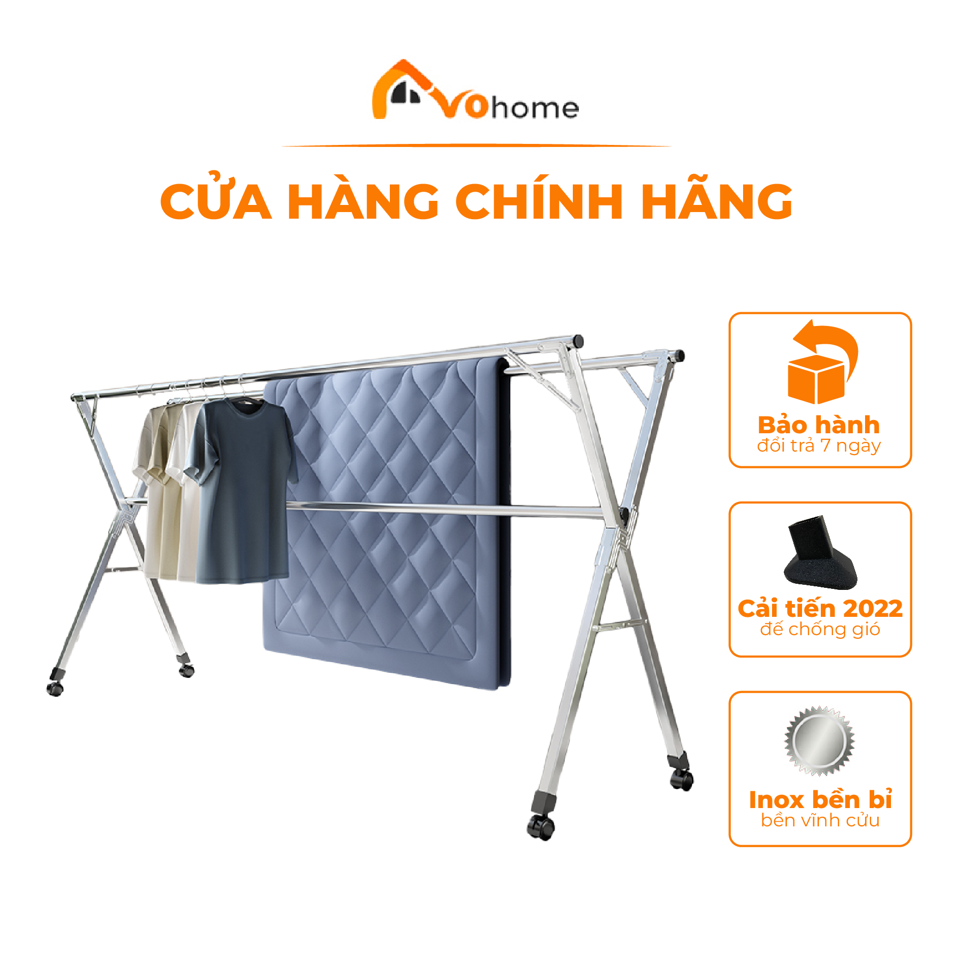 Giàn Phơi Quần Áo Avohome thông minh tiết kiệm diện tích, Cây gấp gọn Inox bền 20 năm, Loại giá sào phơi đồ chữ X tặng móc