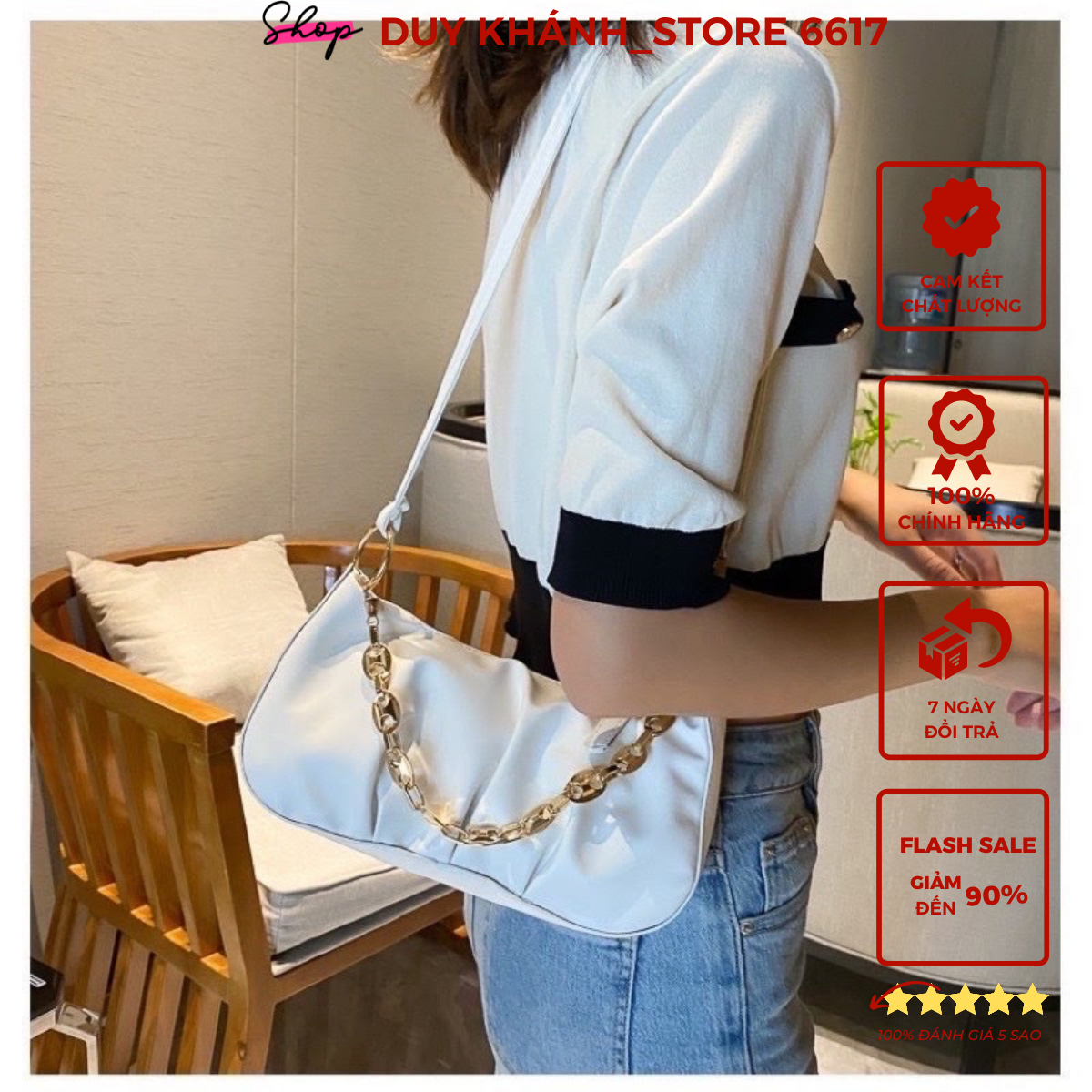 Túi kẹp nách da nhúm màu trắng đen phôi dây xích ngang siêu hot