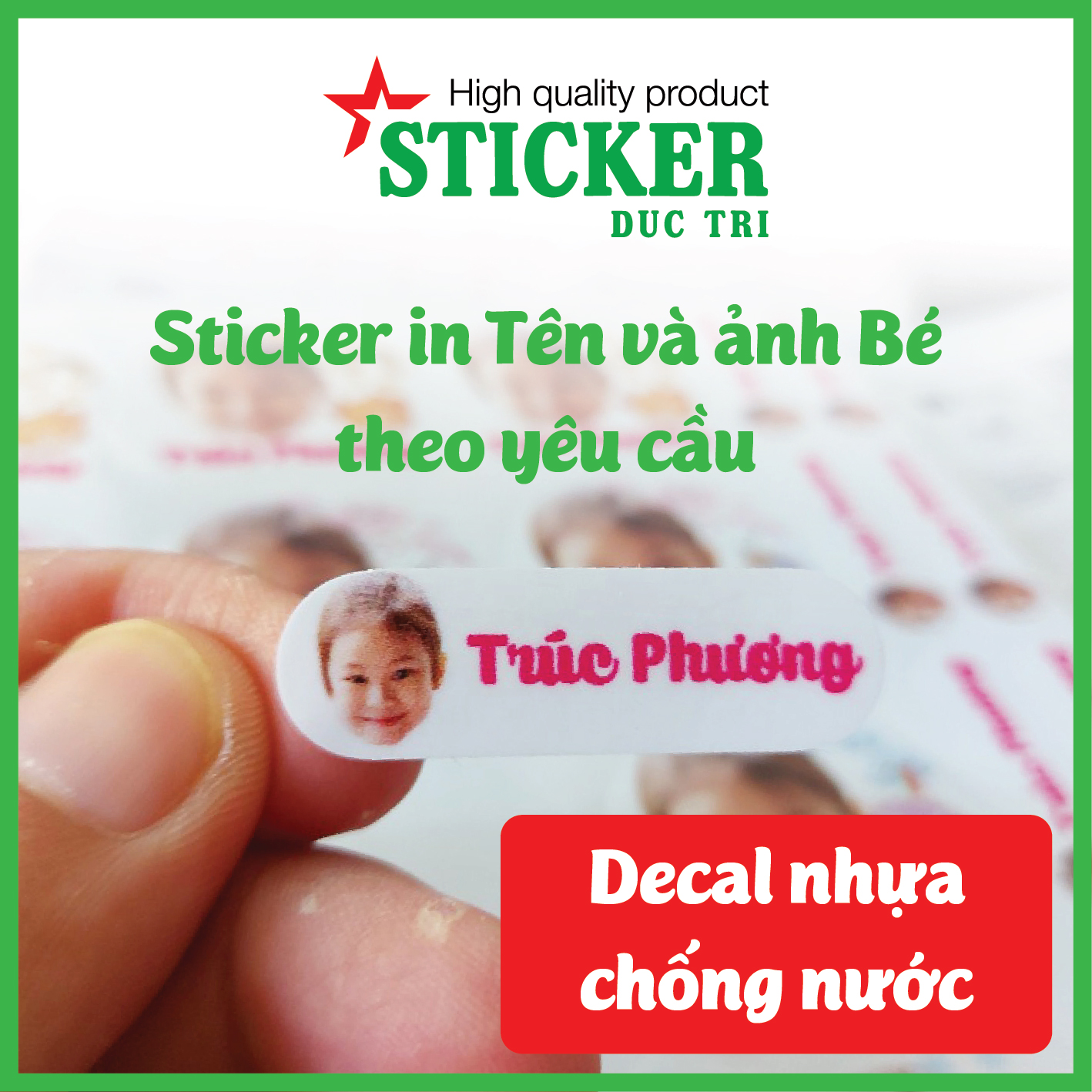 60 Sticker Tên và ảnh Bé in theo yêu cầu. Decal nhựa chống nước.