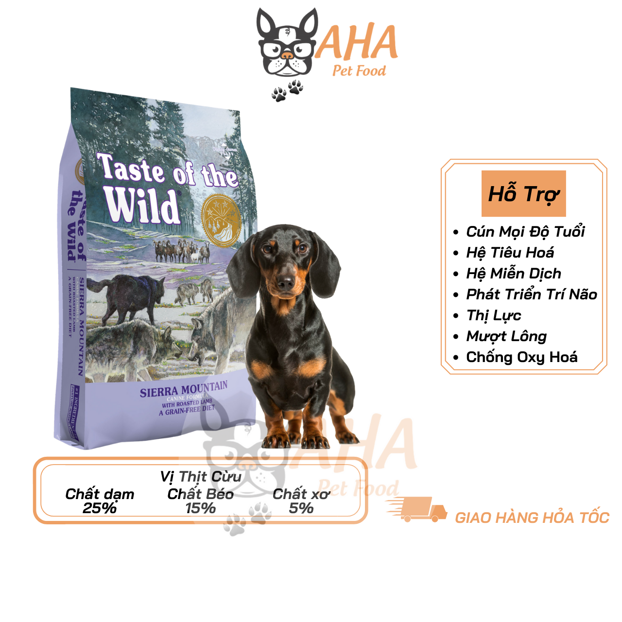 Thức Ăn Cho Chó Lạp Xưởng - Taste Of The Wild - Sierra Mountain Thịt Cừu Nướng Trái Cây Rau Củ Quả Da Lông Bóng Mượt Hệ Miễn Dịch & Hệ Tiêu Hoá Khoẻ Mạnh Men Vi Sinh Đường Ruột - ahapetfood