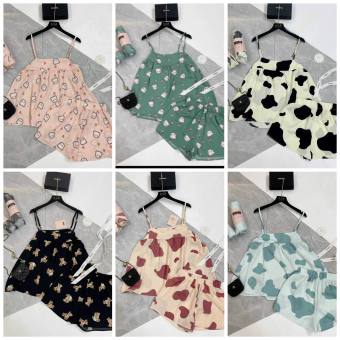 Set bộ Pijama Áo 2 dây quần đùi ngắn , Đồ mặc nhà họa tiết bò sữa hoạt hình , bộ đồ ngủ hai dây sexy
