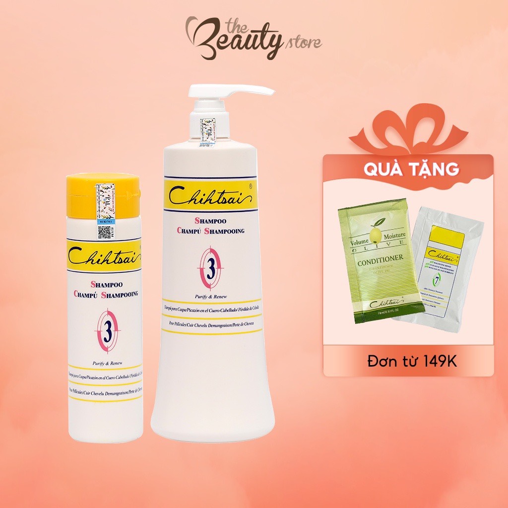 Cặp dầu gội Chihtsai số 3 xả số 7 làm sạch da đầu, giảm gàu, giảm nấm ngứa, làm dịu mát xa đầu Purify renew shampoo 250ml 1000ml The Beauty Store